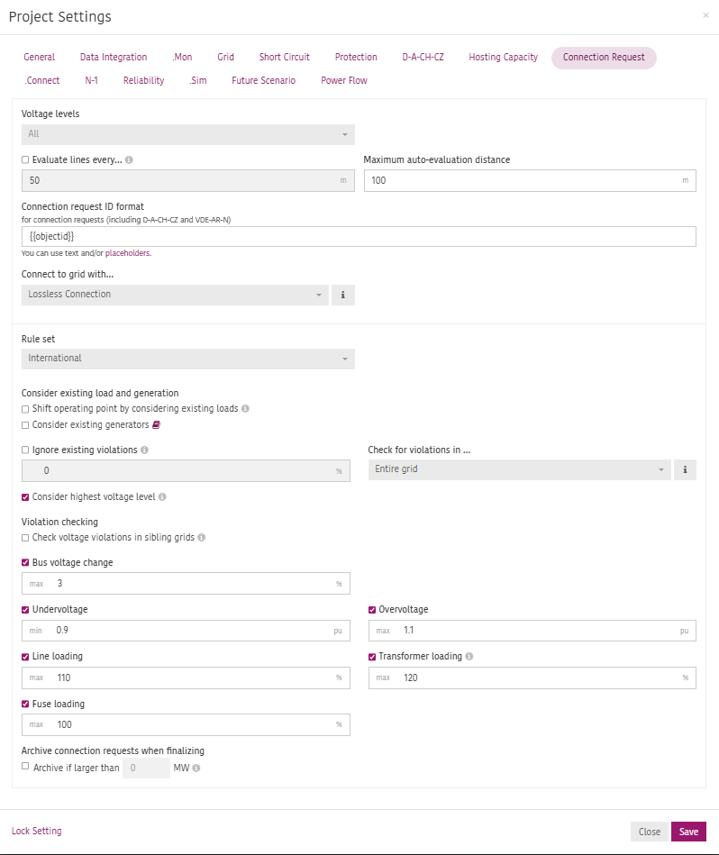 Connection Request project settings
