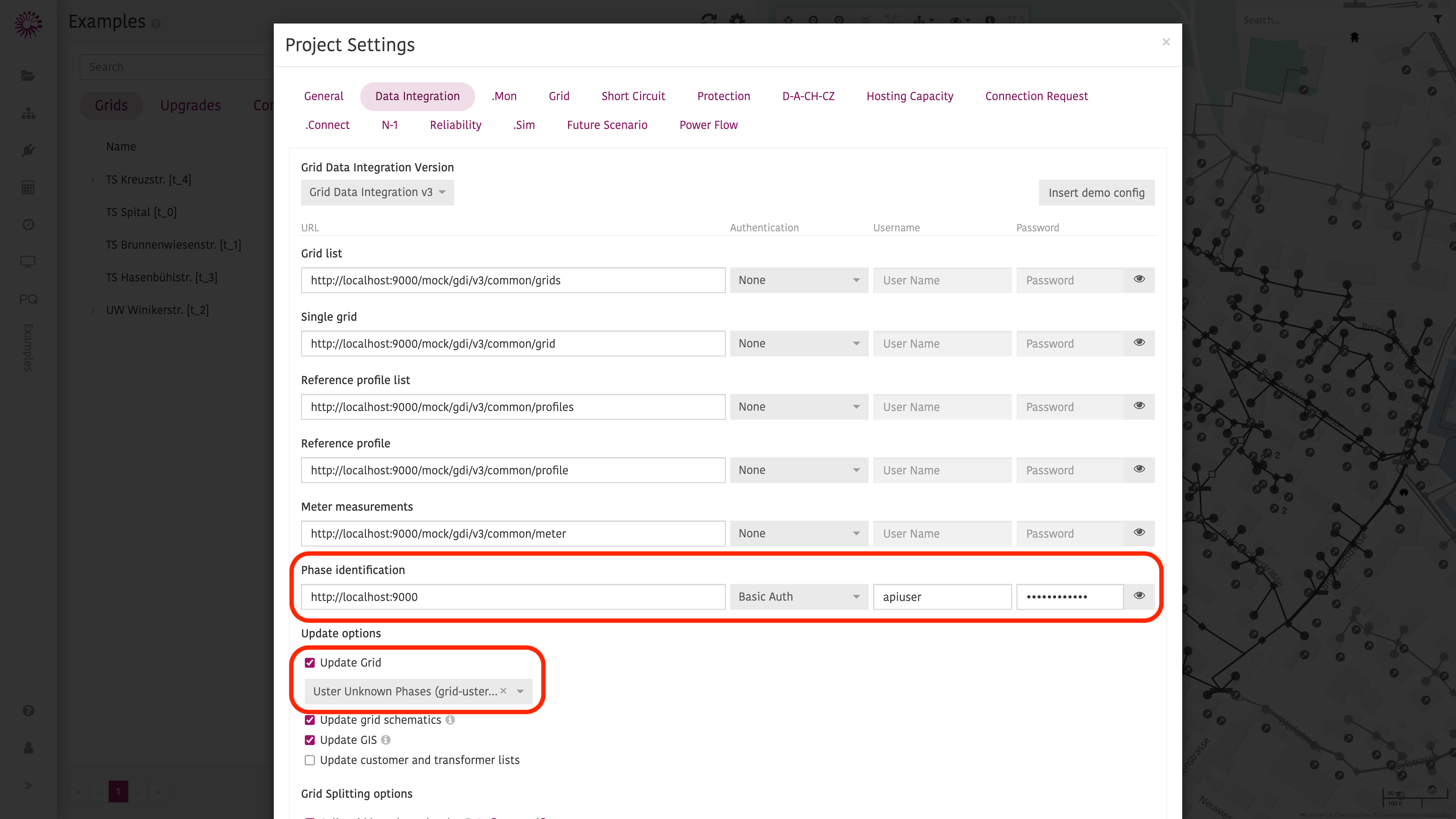 Data Integration settings: Phase identification URL and grid selection
