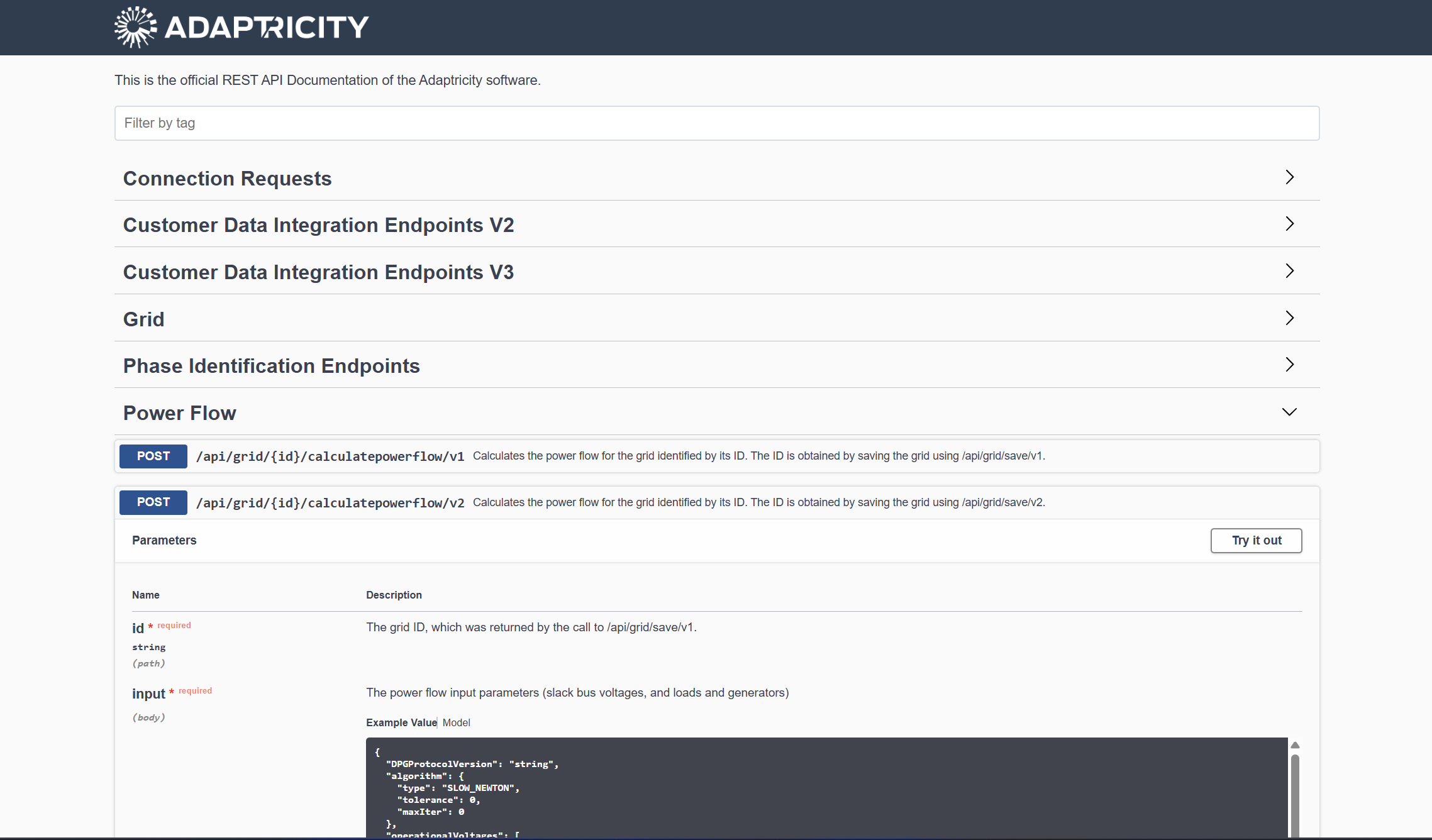 API Documentation page in Adaptricity